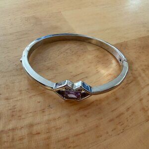 Silver Tone Bracelet with Purple Stone Geometric Bangle Hinged Clasp